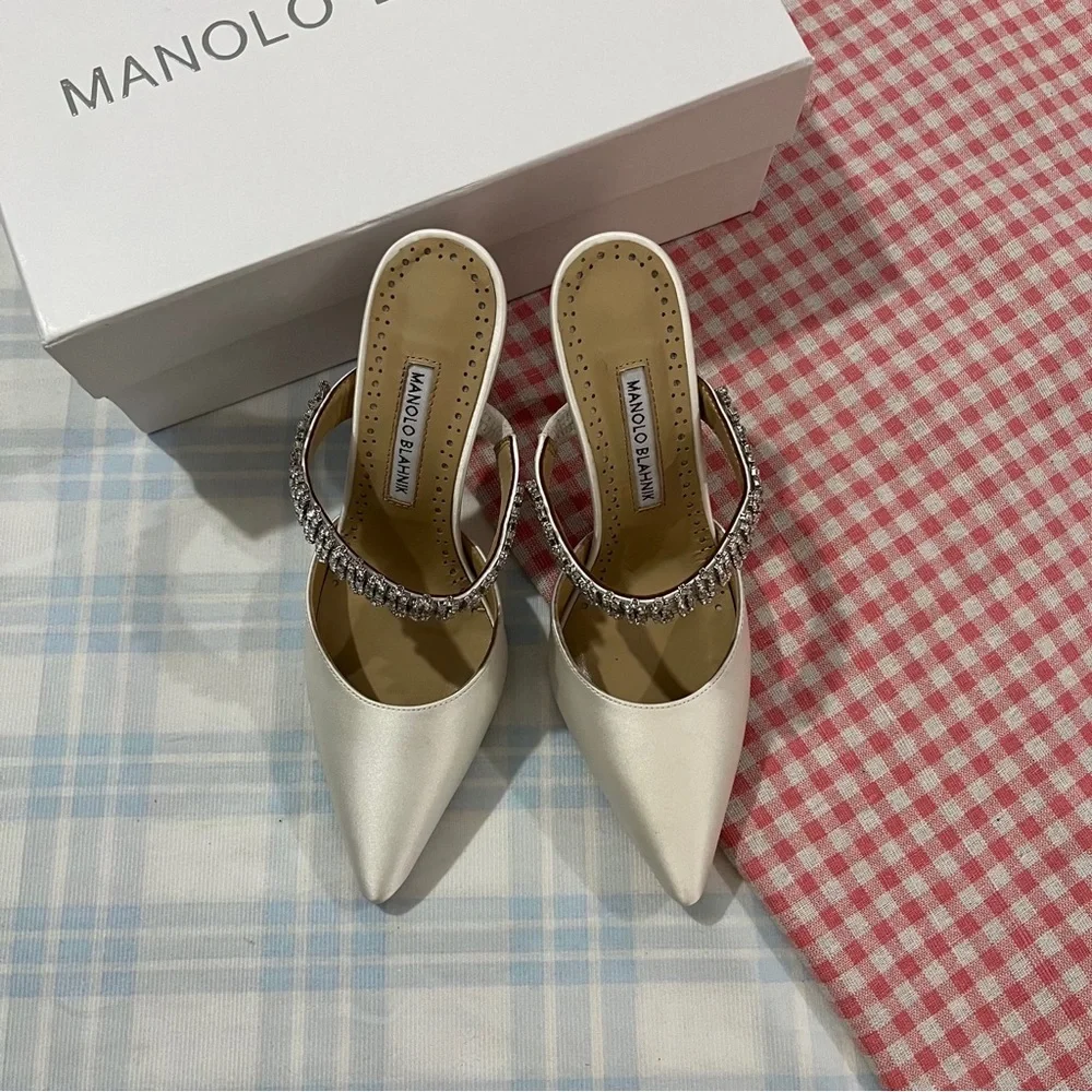 Manolo Blahnik White Satin Pointed Mules with Crystal Strap